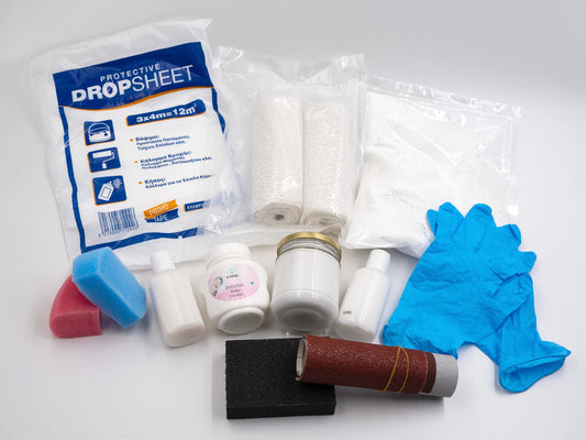 Group of necessary parts of the body cast kit. Σύνολο των απαραίτητων εξαρτημάτων και υλικών για την υλοποίηση της χύτευσης. 